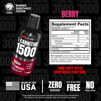 Pro Supps L-Carnitine 1500 Liquid Fat Burner, Metabolic Enhancer (Berry Flavor), 31 Servings, Torch Fat and Get Ripped