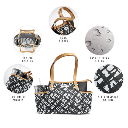 Sac isotherme pour adultes Fit & Fresh Navarto avec poches latérales et poignées de transport, kit complet comprenant un gobelet assorti et un récipient alimentaire réutilisable, noir