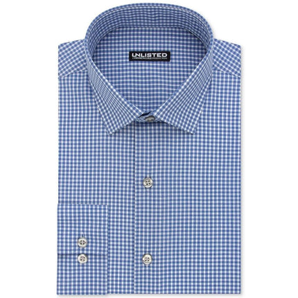 UNLISTED Kenneth Cole Men's Slim Fit Check Spread Collar Dress Shirt, Medium Blue, 18"-18.5" Neck 36"-37" Sleeve
