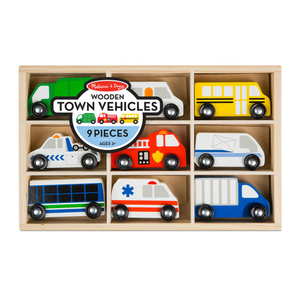 Melissa & Doug Set de vehículos de madera para la ciudad (bandeja de madera para guardar, 9 piezas)
