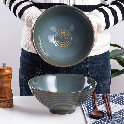 HOKELER Ceramic Japanese Ramen Bowl Set, 2 Sets Asian Pho Udon Soup Noodle Bowls with Spoons and Chopsticks (Olive Green, 8 inches)