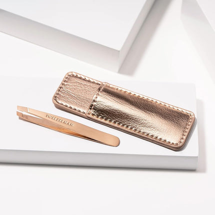 TWEEZERMAN Mini Tweezers with Leather Case (Slanted Tip for Eyebrow Plucking, Travel Size) Rose Gold