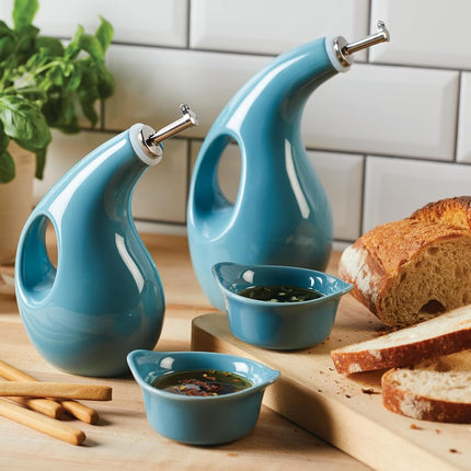 Rachael Ray Serveware Ceramics EVOO and Ramekin Dipper Set, 4 Piece, Agave Blue