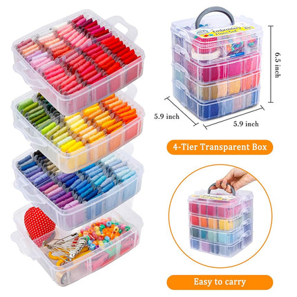 INSCRAFT 403 Pack Embroidery Floss Set, 250 Colors Cross Stitch Friendship Bracelet Thread with 153 Pcs Cross Stitch Tool, 4-Tier Transparent Box for Storage