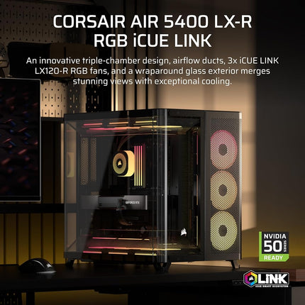 CORSAIR AIR 5400 LX-R RGB iCUE LINK Triple-Chamber Mid-Tower Panoramic PC Case – 3x Pre-Installed Reverse-Rotor LX-R RGB Fans, Low-Noise, High Airflow Ducts, Reverse Motherboard Support – Black