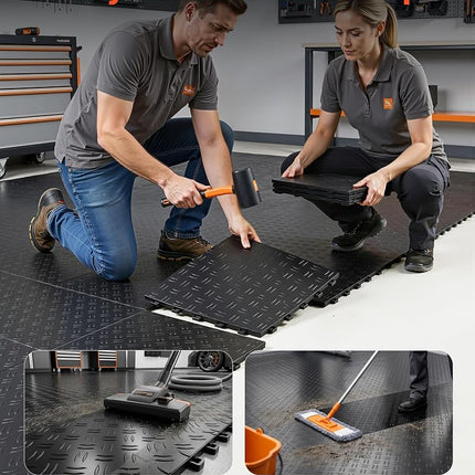 VEVOR Garage Tiles Interlocking, 12 x 12 x 0.53 inch 50 Pack Garage Floor Covering Tiles, Non-Slip Double-Sided Texture Garage Flooring Tiles, for Garages, Basements, Repair Shops, Black