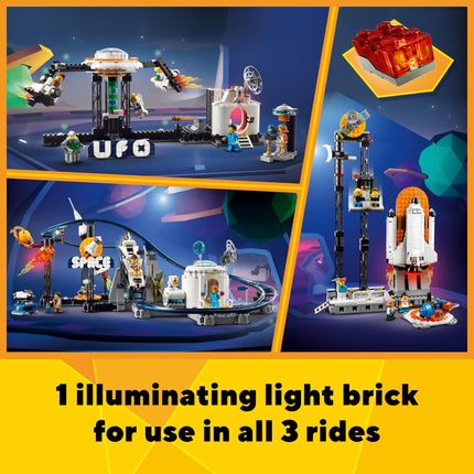 LEGO Creator Montaña Rusa Espacial 31142 Set de Construcción 3 en 1 con Montaña Rusa, Torre de Caída o Carrusel, Más 5 Minifiguras, Juguete Reconstruible de Parque de Diversiones de Navidad para Niños de 9 Años en Adelante