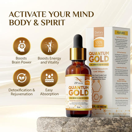 Quantum Gold | Liquid Ormus Monoatomic 24K Gold Supplement Drops for Pineal Gland Activation, Lucid Dreaming & Higher Energy Alignment | 2oz.