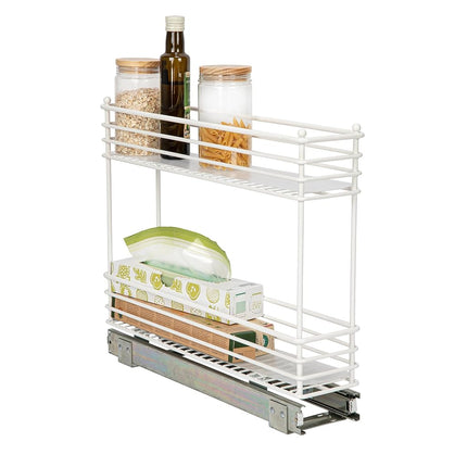 Household Essentials Narrow Sliding Cabinet Organizer, Two Tier Organizer, White, Great for Slim Cabinets in Kitchen, Bathroom and More