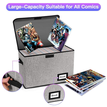 YNSZAS 2 Pack Comic Book Storage Box, Protector Organizer, 15.8" X 7.8" X 11.8", Collapsible Short Box, Holds 160-180 Books, Heavy Duty Container Holder Shelf Bin (Grey)