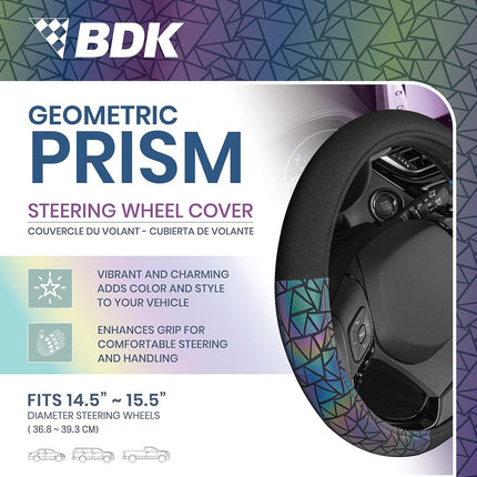 BDK Geometric Prism Sparkle Glitter Steering Wheel Cover - Car Steering Wheel Cover for Women with Shiny Holo Bling Accents, Fits Most Car Truck Van SUV Wheel Sizes 14.5 to 15 inch