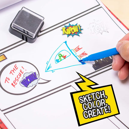Made By Me Make Your Own Comic Book Storytelling Kit for Kids, 15-Page Hardcover Comic Book, How-to Draw Instructional Guide, Comic Inspired Stickers & Stamp, Holographic Stickers, 5 Vibrant Markers