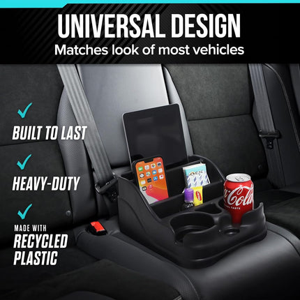 Moblorg Small Center Console for Cars, Trucks, Minivans, SUVs, Vehicle Organizer, Cup Holders, Recycled Plastic, Made in USA (Black)