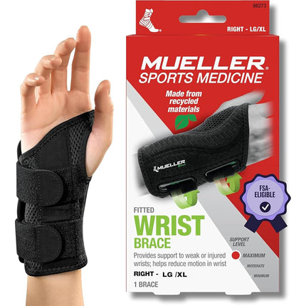 Attelle de poignet Mueller pour main droite – Taille Large à Très Large – Noir – Attelle de soutien réglable pour adultes pour le syndrome du canal carpien, les douleurs au poignet et l'arthrite – Légère et respirante pour le jour et la nuit