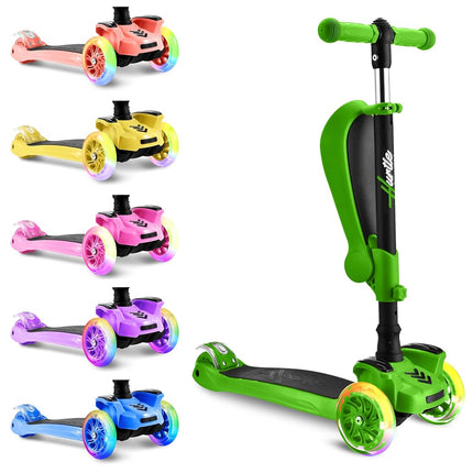 Hurtle 3-Wheeled Scooter for Kids - Wheel LED Lights, Adjustable Lean-to-Steer Handlebar, and Foldable Seat - Sit or Stand Ride with Brake for Boys and Girls Ages 1-14 Years Old