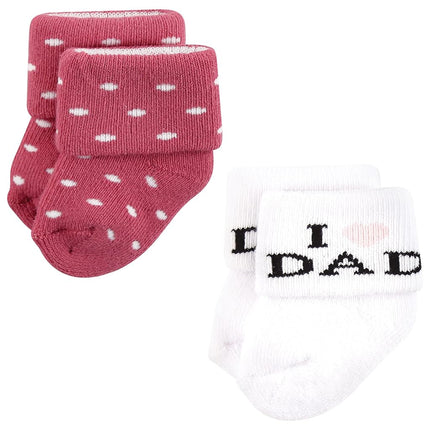 Hudson Baby Baby Girls' Cotton Rich Newborn and Terry Socks, Mom and Dad Girl Pink Black 12-pack, 6-12 Months