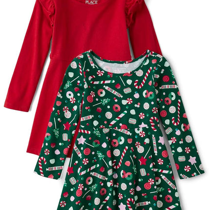 The Children's Place Baby Girls' and Toddler Long Sleeve Casual Knit Skater Dresses, Candy/Red 2-Pack, 12-18 Months, Candy/Red 2-Pack, 12-18 Months