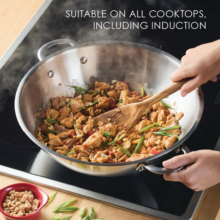 Rachael Ray Sartén Wok/Saltear Profesional de Acero Inoxidable, Compatible con Todas las Encimeras, Apto para Inducción, Apto para Lavavajillas y Utensilios Metálicos, 35.5 cm - Acero Inoxidable