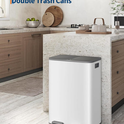 GarveeHome 2 x 8 gal Stainless Steel Double Trash Can with Lid for Kitchen, Large Dual Trash and Recycle Bin Combo, Step-on Kitchen Metal Garbage Cans, PP Inner Buckets, Liner Rim, Grayish-White