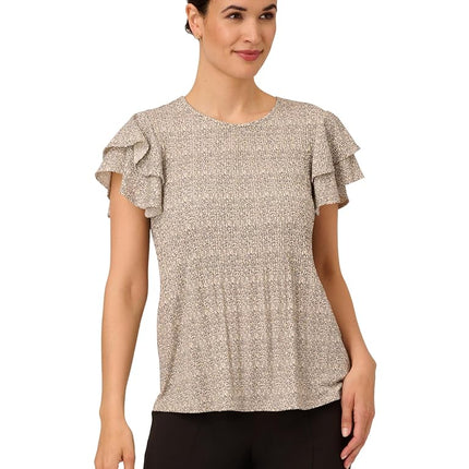 Adrianna Papell Women's Pleated Knit Double Sleeve Top, Ivory Blooming Dot, L