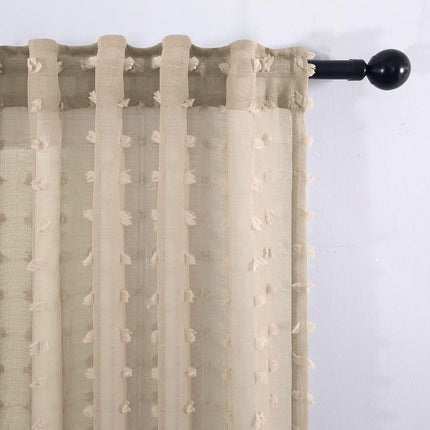 KOUFALL Taupe Small Window Curtain for Bathroom,Boho Pom Pom Textured Earthy Neutral Semi Sheer Short Curtains for Kitchen,52 by 45 Inch Length