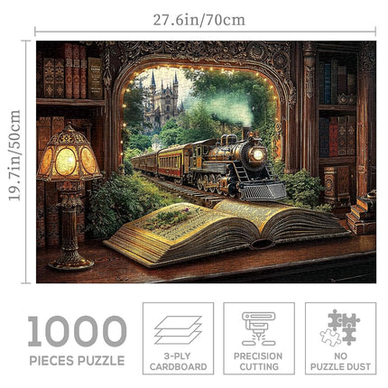 Train Forest Book Puzzle 1000 Pieces for Adults, Magic Vintage Plant Jigsaw Puzzles Castle, Fantasy Bookshelf Nature Tree Puzzles