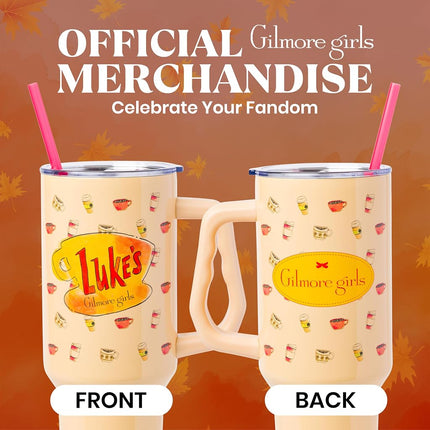 Silver Buffalo Gilmore Girls Luke's Diner – Gobelet isotherme en acier inoxydable avec poignée et paille, compatible avec les porte-gobelets standards, 1,18 litre