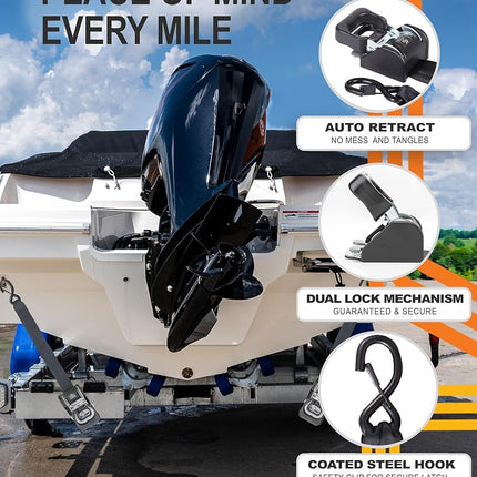 Strapinno 2PCS Retractable Ratchet Straps (1 7/8 in x 4 ft) Heavy Duty Transom Tie Downs for Boat, PWC Trailer - Extra Mounting Brackets & Bolt Set,Safety Latch S-Hook,Break Strength 2,600LBS/1,180KG