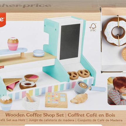 Fisher-Price Pretend Playset Wooden Coffee Shop with Toy Register, 20 Wood Pieces for Preschool Kids Ages 3+ Years