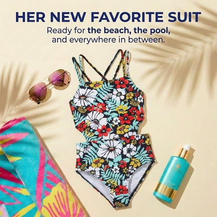 Kanu Surf Girls' Beach Sport Cut-Out 1-Piece Swimsuit One, Spring Bouquet Multi, 16