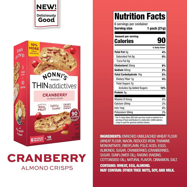 Thin Addictives Cranberry Almond Thins, 4.4 Ounce - 6 per pack -- 6 packs per case.
