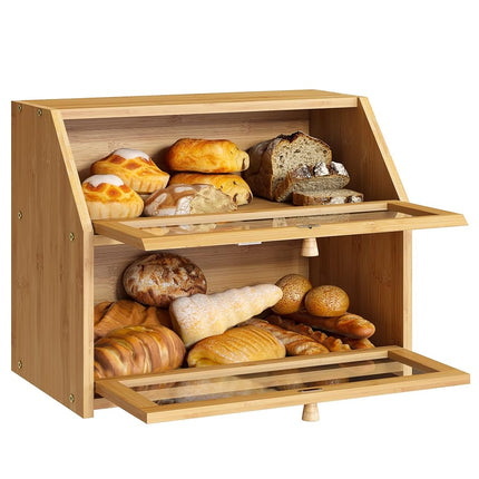 BMOSU Farmhouse Bread Box for Kitchen Countertop Bread box Double Layer Bamboo Wooden Extra Large Capacity Bin Kitchen Food Storage Container(Natural)
