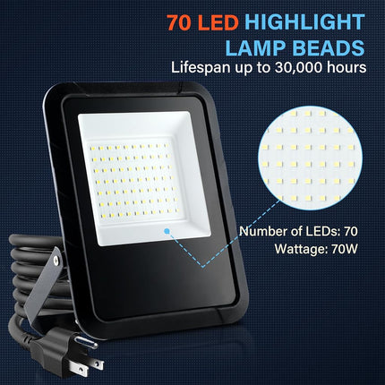 Simple Deluxe Paquete de 2 focos LED de exterior, 70W 7000LM, luz de trabajo exterior superbrillante con enchufe, resistente al agua IP65, luz de inundación de 6500K para garaje, patio, césped