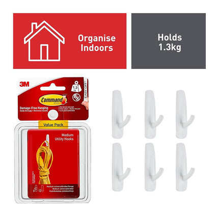 Command Medium Hooks, White, 6-Hook