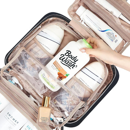 NISHEL Travel Toiletry Bag for Women, Portable Hanging Organizer for Full-Sized Shampoo, Conditioner, Brushes Set, Makeup Accessories, Large Size, Black