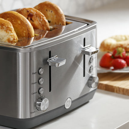 Tostadora de acero inoxidable GE | 4 rebanadas | Ranuras extra anchas para tostar bagels, panes, waffles y más | 7 opciones de tostado para que disfrute toda la familia | Esencial para la encimera de la cocina | 1500 vatios
