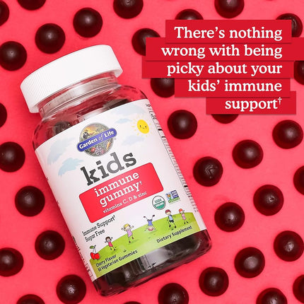 Garden of Life Kids Immune Gummy, Cherry Flavor - Vitamin C, D & Zinc Gummies for Immune Support - Sugar Free, Organic & Non-gmo Immunity Gummy Vitamins for Children, 60 Vegetarian Gummies