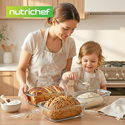 NutriChef 3 Sets Loaf Pan - 62.07oz Stackable Superior Premium Glass Meal-prep Food Container w/Airtight Locking Lid, BPA-Free Leakproof, Freezer-to-Oven-Safe, for Bread, Cake & Pastries