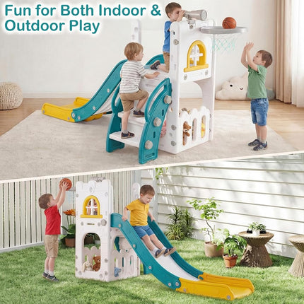 OLAKIDS Toddler Slide, 6 in 1 Kids Indoor Outdoor Playground with Climber Basketball Hoop Telescope Toy Storage for Boys Girls Aged 1+