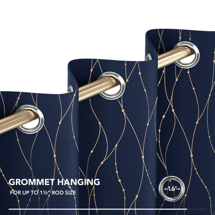 Deconovo Wave Line with Dots Gold Foil Print Design Grommet Top Blackout Curtains for Bedroom Navy Blue W52 x L72 Inch Set of 2