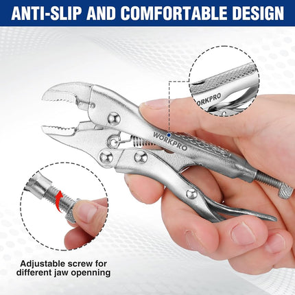 WORKPRO Locking Pliers, 4-inch Curved Jaw Vice Grips Pliers, Chromium-Vanadium Steel Locking Pliers with Wire Cutter, Locking Adjustable Vise Grips for Clamping Twisting Welding