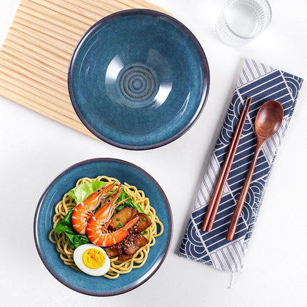 HOKELER Ceramic Japanese Ramen Bowl Set, 2 Sets Asian Pho Udon Soup Noodle Bowls with Spoons and Chopsticks (Starry Blue, 8 inches)