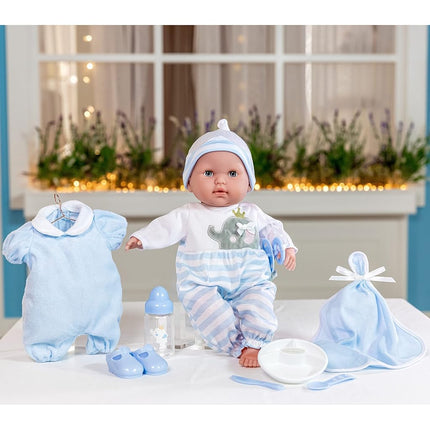JC Toys Doll Soft Body. Blue. With Accessories Various. Open and Close Eyes, Multi-Colour