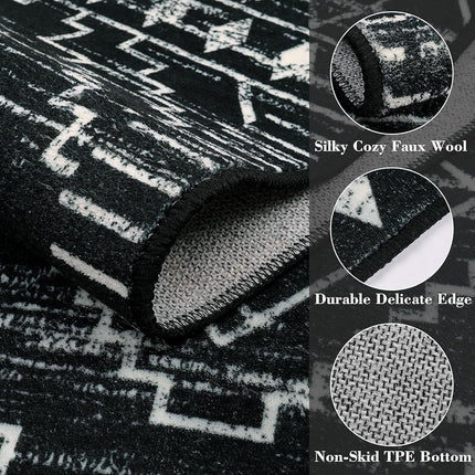 Wonnitar Moroccan Washable Area Rug 5x7, Black Large Rug for Living Room, Non-Slip Boho Bedroom Throw Mat, Low Pile Stain Resistant Geometric Floor Carpet for Dining Table Kitchen Dorm (Black,5'x7')