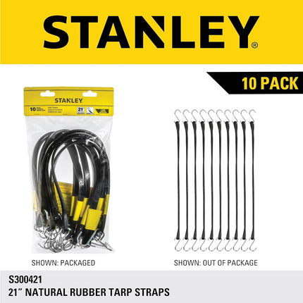 STANLEY S300421 Black 21" All-Weather Rubber Bungee Cords with S-Hooks for Securing Tarps, Flatbed Hauler and Boat Covers, Storage, and Cargo, 10 Pack