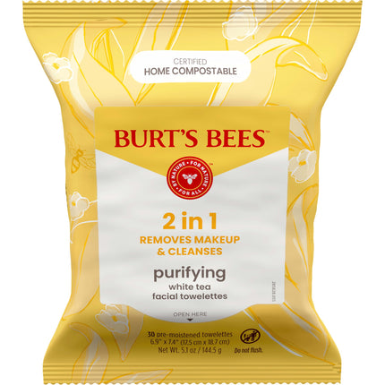 Burt's Bees Facial Cleansing Towelette Wipes for Normal Skin with White Tea Extract, 30 Counts (Package May Vary)