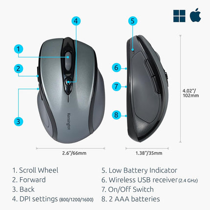 Kensington Pro Fit Wireless Mouse - Mid-Sized 5-Button Optical Home Office Wireless Mouse with Ergonomic Right-Handed Shape and Plug & Play Set Up - Compatible with Windows & MacOS - Grey