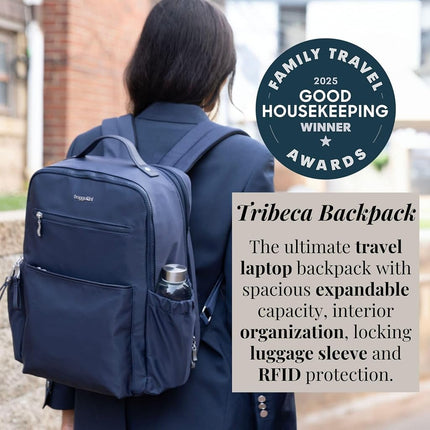Baggallini Tribeca Expandable Travel Laptop Backpack Water-Resistant Nylon Work Bag w/Organization, Padded Sleeve & RFID Tech, French Navy, One Size