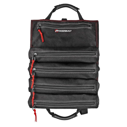 Powerbuilt Pro Tool Bag Roll Organizer, Portable, Great for Off-Road, Heavy Duty 1200D Polyester, 18-1/2 in. x 15 in. Open Size, Hanging Strap, Carry Handle, 5 Zipper Pockets, 14 Wrench Slots