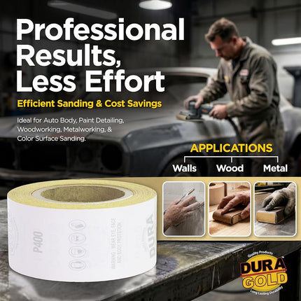 Dura-Gold Premium Gold 400 Grit PSA Longboard Sandpaper, 20 Yard Roll, 2-3/4" Wide, Self Adhesive Stickyback, Woodworking & Automotive Sandpaper Roll, Air File Sand Paper, Auto Sanding Blocks